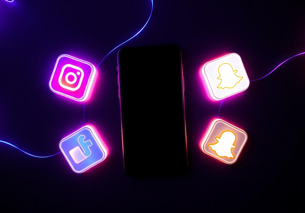 Phone surrounded by glowing social platform icons
